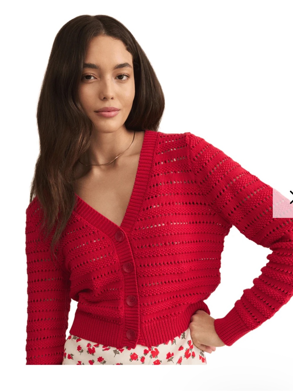 Zsupply Red V-Neck Crochet Button-Front Women's Sweater